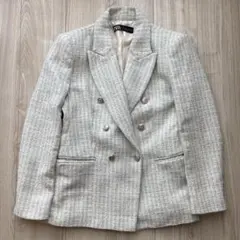 【美品】ZARA ツイードジャケット ラメ サックス L 銀ボタン ダブル ザラ