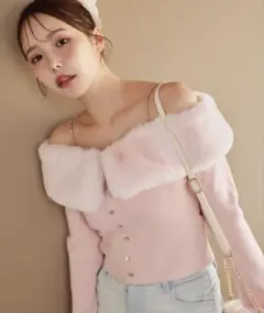 NICE CLAUP ビジューフェイクファーニットWeb限定 ピンク