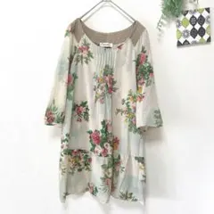 【スーパーハッカ】 花柄ブラウス 7分袖 チュニック 大人可愛い 薄手