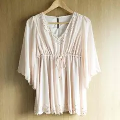 イング スカラップ フレアスリーブ シフォン チュニック ワンピ ピンクベージュ