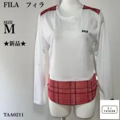 【新品】 フィラ Tシャツ 長袖 チェック レイヤード ホワイト/レッド M
