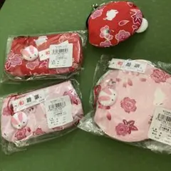 花柄ウサギ飾り付きポーチ2点、がま口2点　和柄