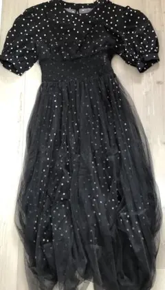 ドット半袖タイトスカートドッキングキャミソール型チュールワンピースブラック