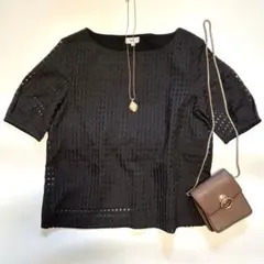 JUNKO SHIMADA シアー 半袖チェックブラウス ブラック M きれいめのサムネイル