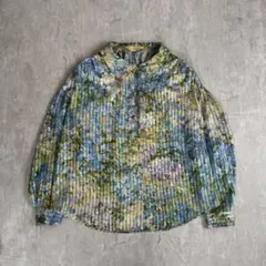 Vintage 花柄　長袖 プリーツブラウス 花ボタン レトロ　華やか