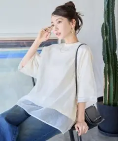 FREAK'S STORE オーガンジー×カットソー重ね ラグラン半袖 Tシャツ