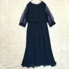 シアー袖 ドット柄 ロングドレス ワンピース ネイビー　結婚式 お呼ばれ