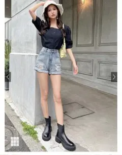 グレイル　GRL ダメージロールアップデニムショートパンツ　M