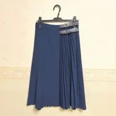 プリーツ巻きスカート、ロングスカート、ネイビー、ウエストベルト