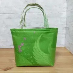 帯リメイクバッグ鶴と小花グリーン　表地は刺繍では無いです