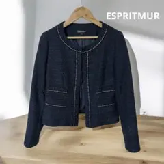 ESPRITMUR ツイード ノーカラージャケット ネイビー 7号