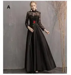 結婚式 ブラックドレス ロングワンピース レース パーティー　ウエディング