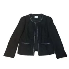 極美品！自由区 ツイード ノーカラージャケット ラメ入り ブラック シルバー