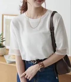 新品☆ディスコート☆シアー袖切替5分袖☆ホワイト