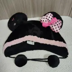 ディズニー　ミニー　黒　ピンク　水玉　リボン　ファンキャップ　ビジュー　ミニパル