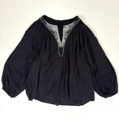 極美品 MUVEIL チャイナブラウス 38 フレア レース ネイビー系 上品