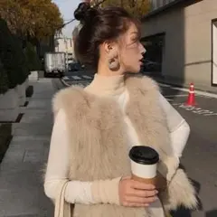 即購入ok♪ロングジレ　ファーベスト エコ フェイク ファー ベージュ
