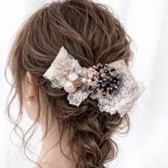 ヘアクリップ　フラワー刺繍リボン×シャンパンビーズ　卒園式　卒業式　入園式