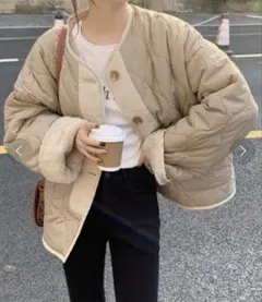 リバーシブル キルティング　ボアブルゾン　カーキ