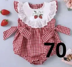 【新品】いちご刺繍 ギンガムチェックロンパース　70 女の子　ベビー