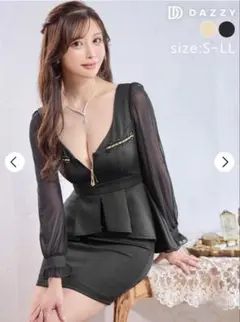 フロントジップビジューラインペプラムシフォン長袖タイトミニドレス