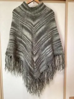 カーキグリーン系 ストライプ柄 ポンチョ