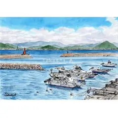 原画一点物　「小さなハーバー」　＜ペンスケッチ＋透明水彩＞