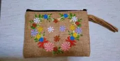 ハワイ、花刺繍ジュートポーチ