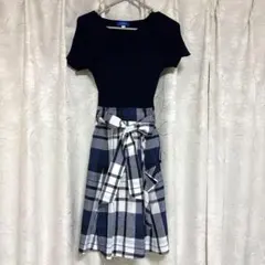 【Blue label】ネイビー 半袖 ひざ丈ワンピース チェック柄