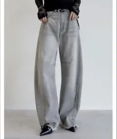 【Re:EDIT】裾フリンジバレルレッグデニムパンツ グレー系