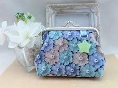 お花かぎ編み風　ぷっくりがま口ポーチ　小銭•小物入れ　 ハンドメイド　匿名配送