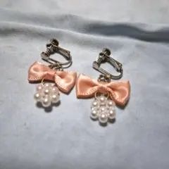 ピンク サテンリボン イヤリング ハンドメイド