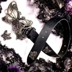 蝶バックル チャーム付き ワイドレザーベルト ブラック ゴシック系 ヴィンテージ