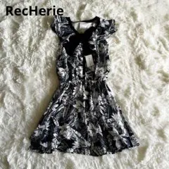 RecHerie ハイビスカス花柄 ノースリーブ ワンピース　ネイビー白リボン