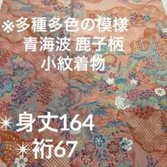 小紋 縮緬 多種多色模様 青海波 鹿子 ピンク系 正絹 広衿 袷YK-1259