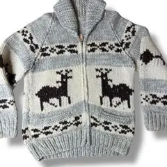 L位 カウチンセーター ジップアップ トナカイ ハンドニット 肉厚 グレー