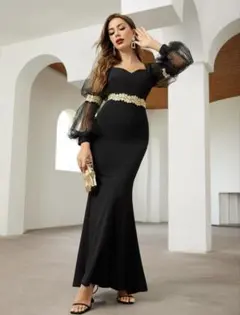 ロングドレス EU36 S ブラック シースルー袖 マーメイド 結婚式