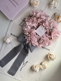 （41） 布リース　ハート　ピンク　薔薇　リボン