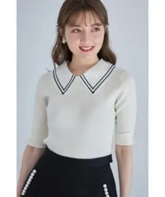 取り外し可能なレース襟付き袖口パール装飾リブニットプルオーバー