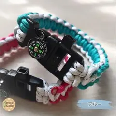 パラコード防災ブレスレットꕤコンパス＆ホイッスル付き(ブルー)