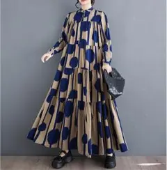 大きいサイズ ドット　ロング ワンピース　レディース シャツ　 秋冬 長袖　韓国