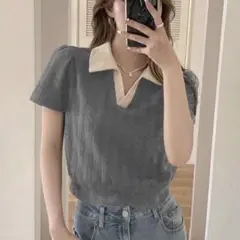 SHEIN シーイン　半袖パフスリーブTシャツ　グレー　襟付き　M バイカラー
