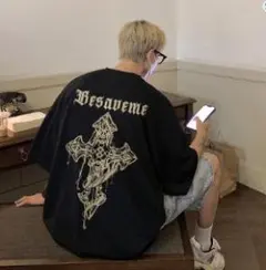 十字架 クロス 半袖 メンズ Tシャツ 綿100％ 黒 ブラック