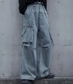 グレー ワイドパンツ カーゴポケット付き