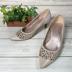 87【美品】銀座カネマツ パンプス ラメ ベージュ 23