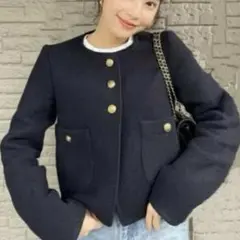 ZARA　メタルボタンジャケット　ツイード ノーカラージャケット