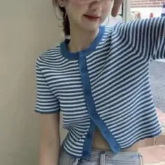 未使用品✨極美品✨ZARA ザラ　ボーダーリブニット　半袖　カーディガン　青白