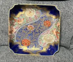 最終値下げ✨️深川焼き 青と金の花柄 四角皿 陶磁器