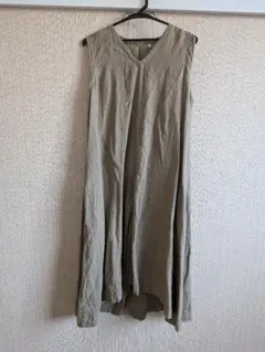 無地良品 カーキ リネン ノースリーブ ロングワンピース