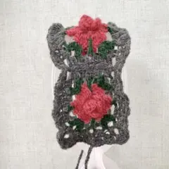 手編み フリル付き薔薇ヘッドドレス ボンネット レッド×グリーン×グレーブラック